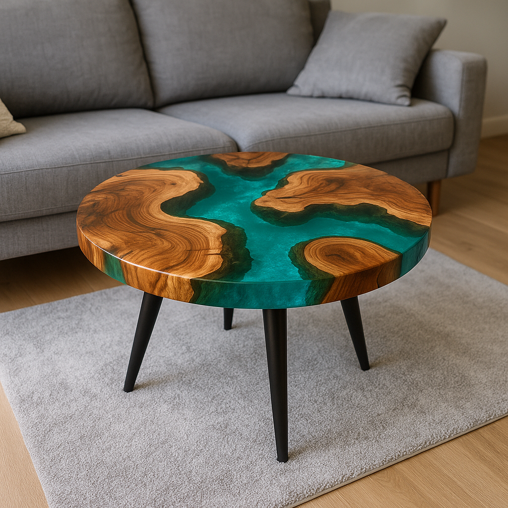 Runder Epoxidharz Couchtisch – Unikat mit Massivholz & Harz, Handgefertigt auf Maß, Design-Wohnzimmertisch, Resin Tisch Rund