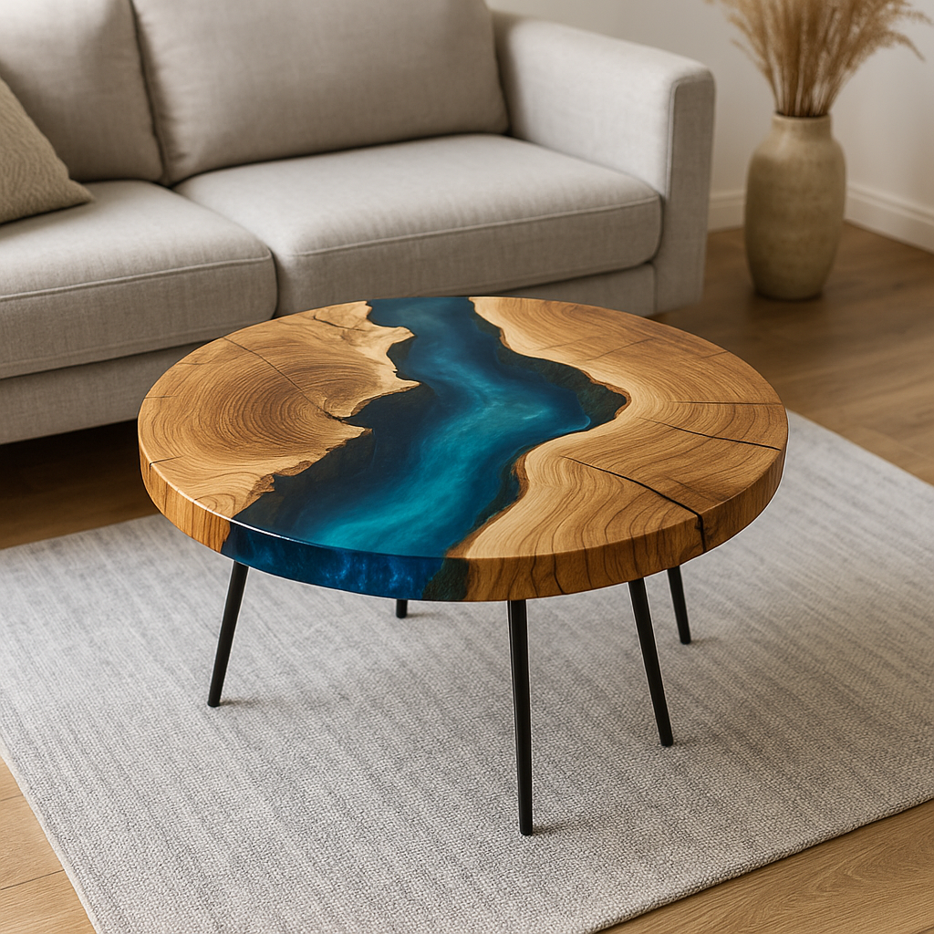 Runder Epoxidharz Couchtisch – Unikat mit Massivholz & Harz, Handgefertigt auf Maß, Design-Wohnzimmertisch, Resin Tisch Rund