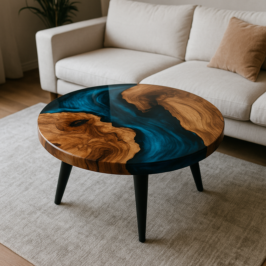 Runder Epoxidharz Couchtisch – Unikat mit Massivholz & Harz, Handgefertigt auf Maß, Design-Wohnzimmertisch, Resin Tisch Rund