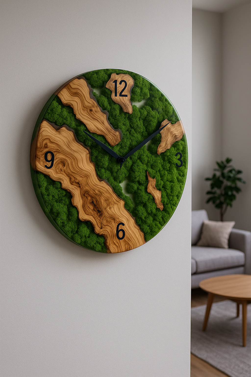 Epoxidharz Wanduhr – Handgemachtes Design aus Holz, Harz & Moos | Unikat in Wunschfarbe & Form