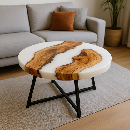 Runder Epoxidharz Couchtisch – Unikat mit Massivholz & Harz, Handgefertigt auf Maß, Design-Wohnzimmertisch, Resin Tisch Rund