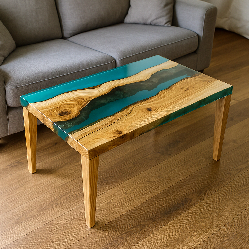 Epoxidharz Couchtisch Rechteck – River Table Design, Massivholz & Harz, Handgefertigt auf Maß, Modernes Unikat für Wohnzimmer