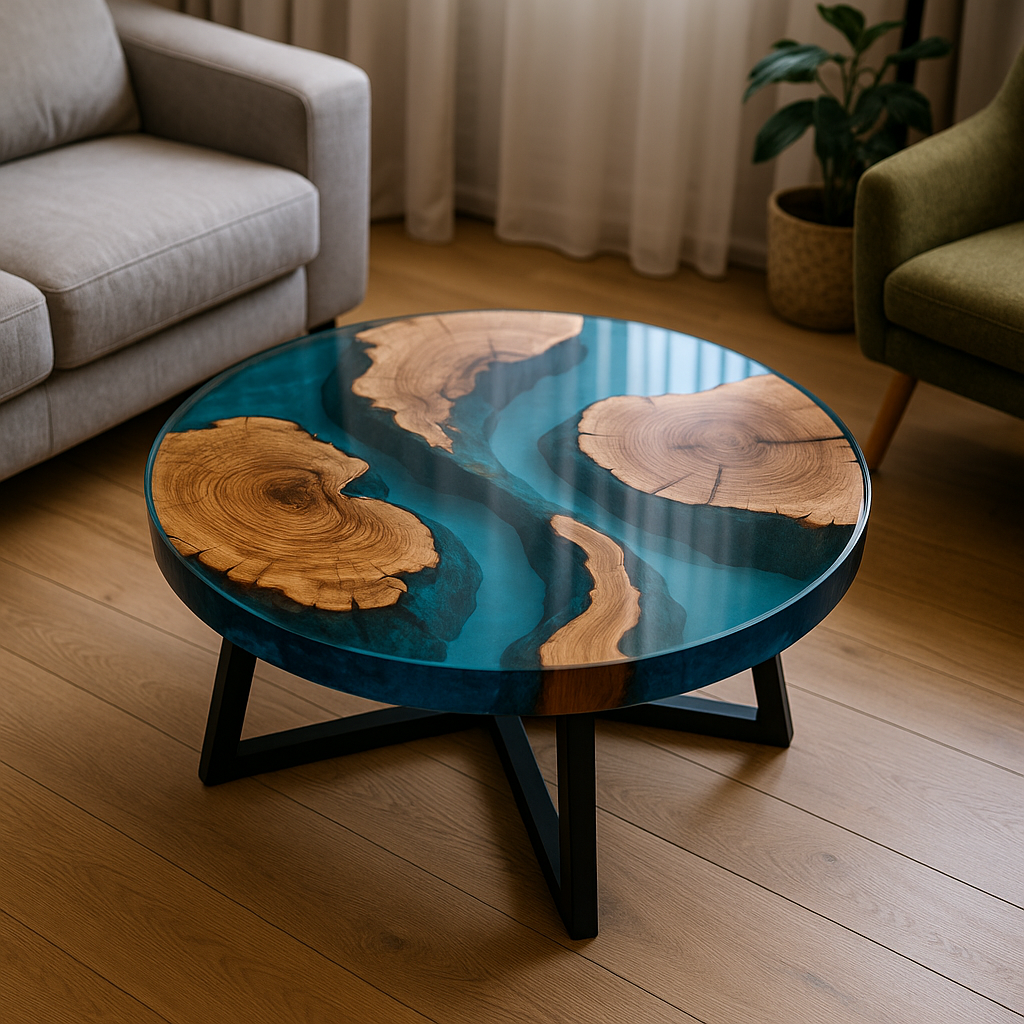 Runder Epoxidharz Couchtisch – Unikat mit Massivholz & Harz, Handgefertigt auf Maß, Design-Wohnzimmertisch, Resin Tisch Rund
